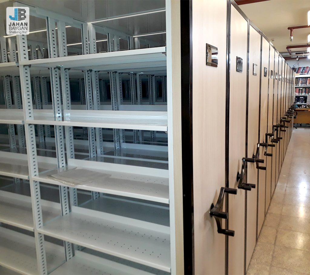 قفسه ریلی کتابخانه ای پروژه حوزه علمیه قم محصول شرکت جهان بایگان